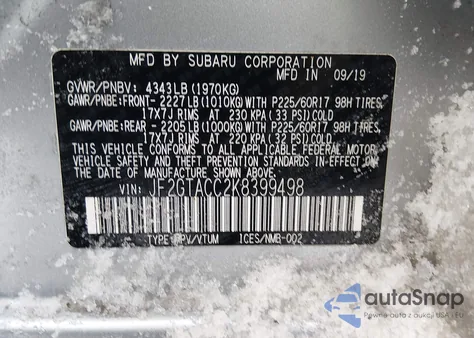 2019 Subaru Crosstrek 2.0I Premium z USA, uszkodzony, nr VIN JF2GTACC2K8399498